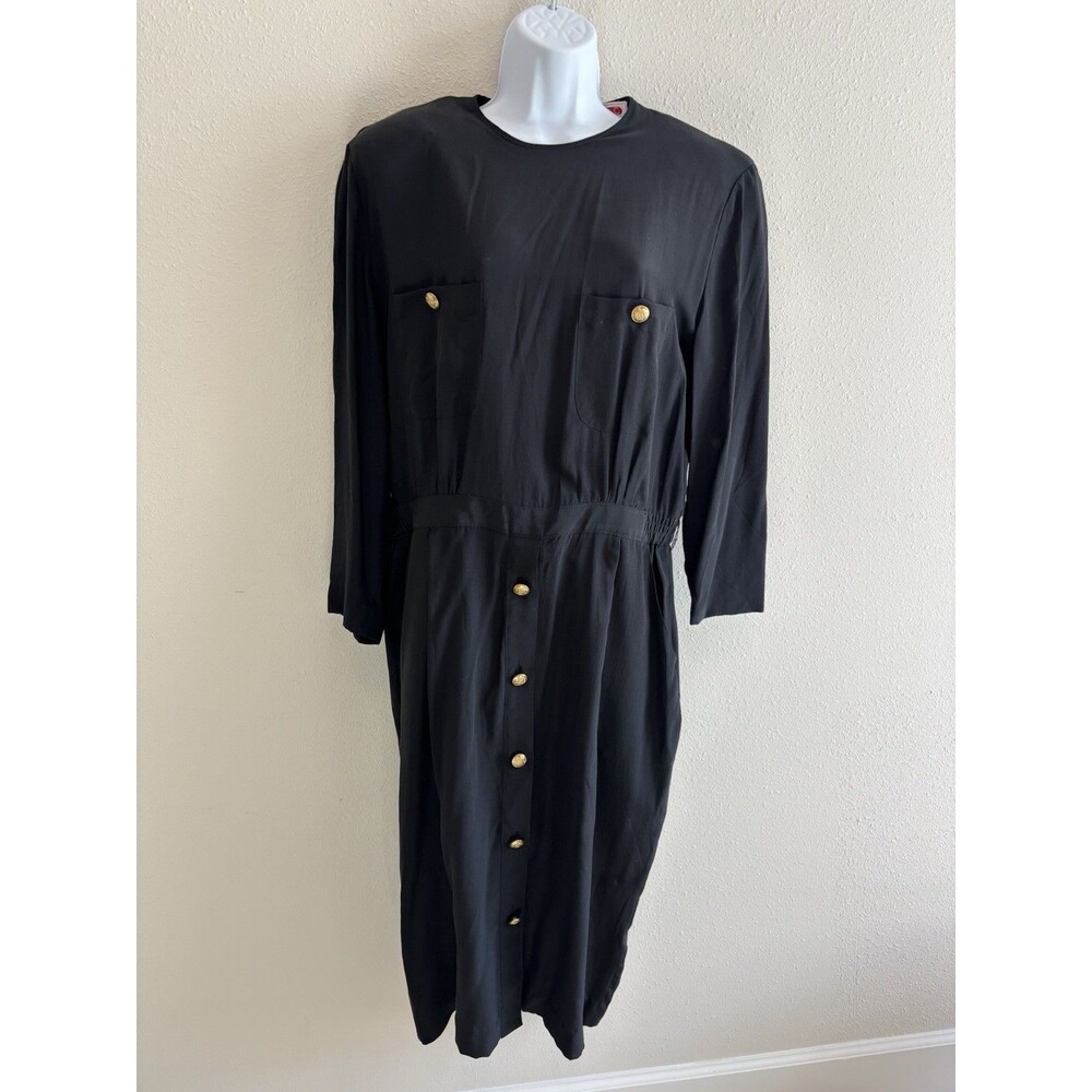Vintage John Yang New York 100% Silk Midi Dress Black Gold Button Retro‎ - 14